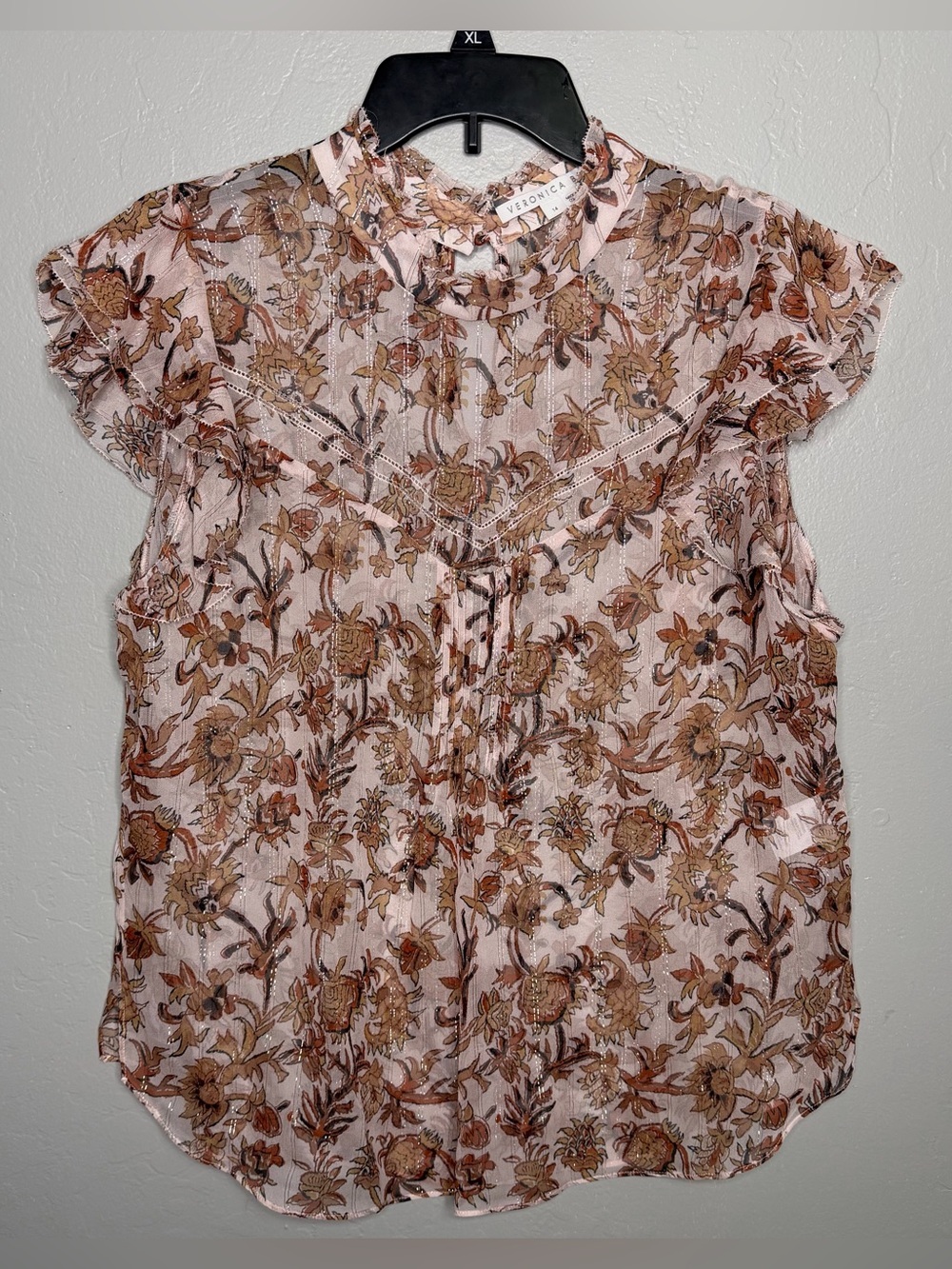 Veronica Beard Luciana Floral Print Top Ruffle Blouse Blush Silk Blend Sz 14